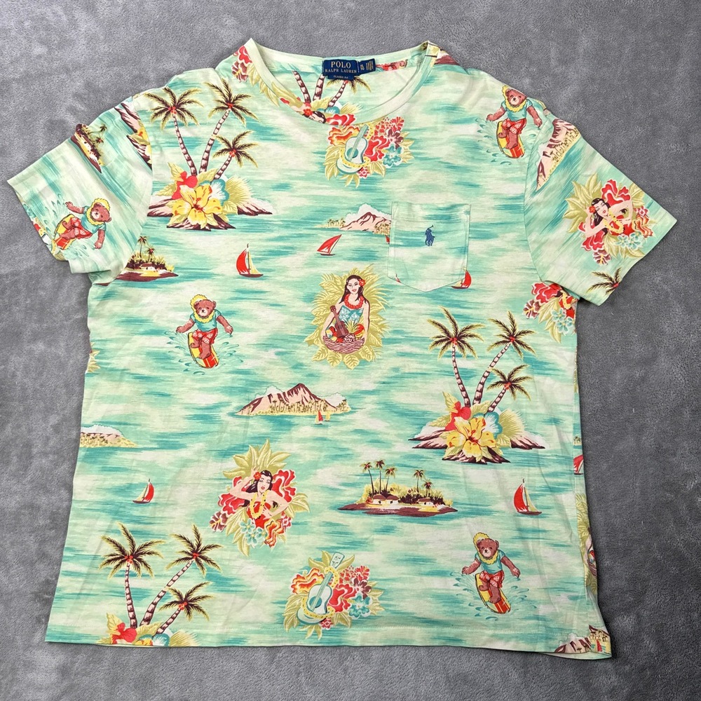 Polo Ralph Lauren T-Shirt Mens XL Green Hawaiian Polo Bear Tropical Print Pocket